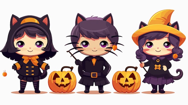 Vector adorable halloween scene with cute black cats and boy