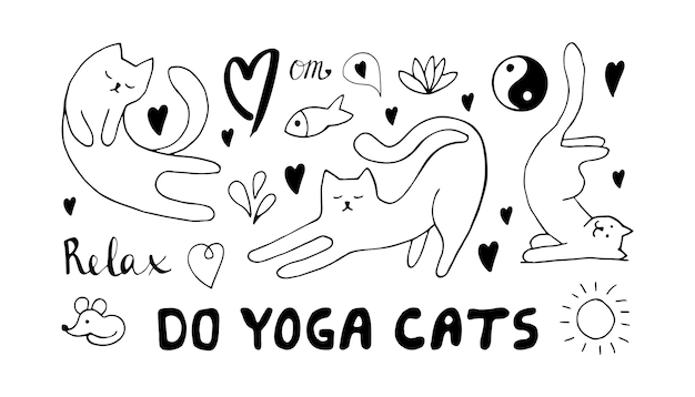 Adorable hand drawn cats set sitting in yoga pose. Isolated on white background drawing for textile prints, child poster, cute stationery.