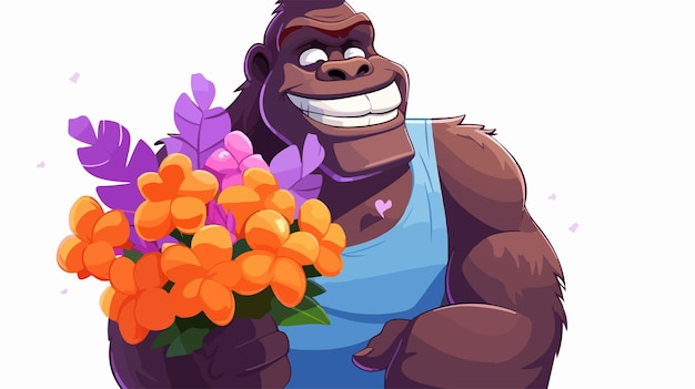 Vector adorable happy cartoon gorilla with beautiful bouquet of flowers