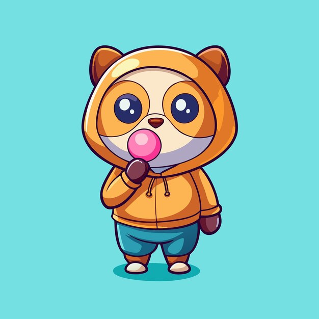 Vector adorable hoodiewearing panda blowing bubble gum in cartoon style