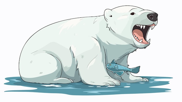 Adorable and Humorous White Polar Bear Enjoying Fish Vector Illustration