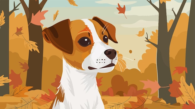 Vector adorable jack russel terrier in autumn park closeup vector illustration