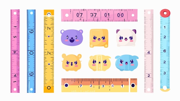 Adorable Kawaii Emoji Set of Cute Ruler Measure Instrument