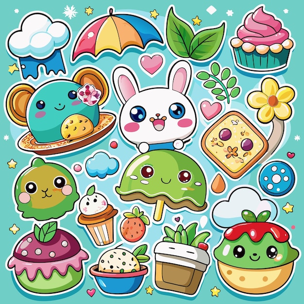 Adorable Kawaii Food and Animal Stickers Cute Digital Clipart for Crafts and Journals