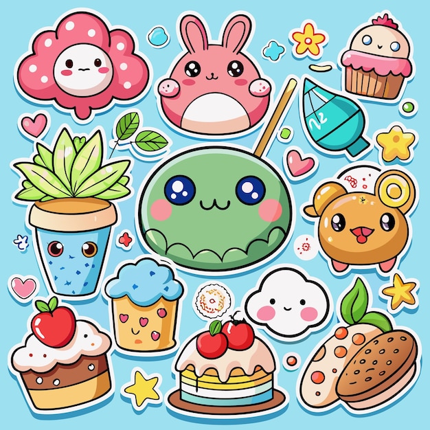 Adorable Kawaii Food and Animal Stickers Cute Digital Clipart for Crafts and Journals