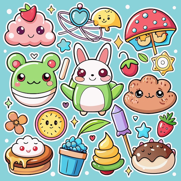 Adorable Kawaii Food and Animal Stickers Cute Digital Clipart for Crafts and Journals