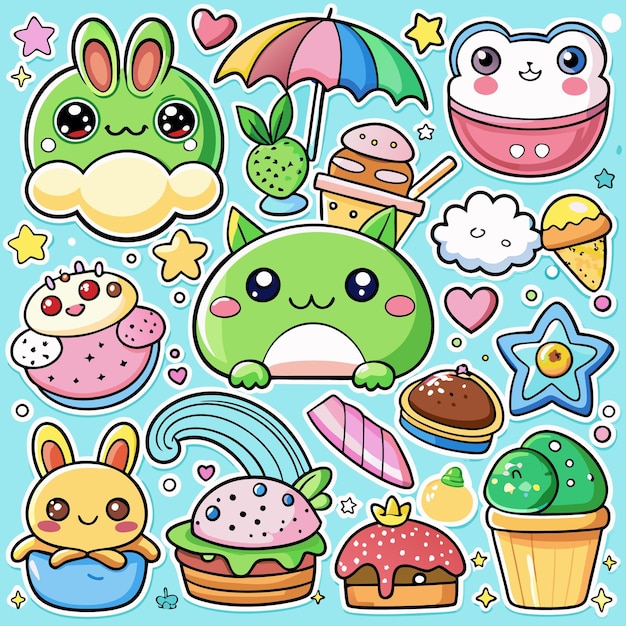 Adorable Kawaii Food and Animal Stickers Cute Digital Clipart for Crafts and Journals