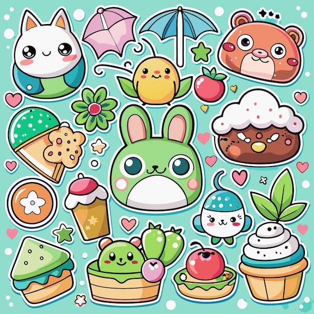 Adorable Kawaii Food and Animal Stickers Cute Digital Clipart for Crafts and Journals