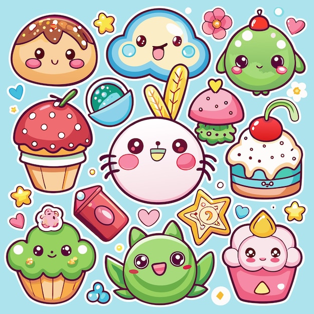 Adorable Kawaii Food and Animal Stickers Cute Digital Clipart for Crafts and Journals