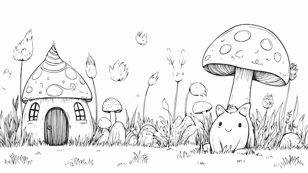 Adorable Kawaii Happy Birthday Unicorn and Mushroom Illustration