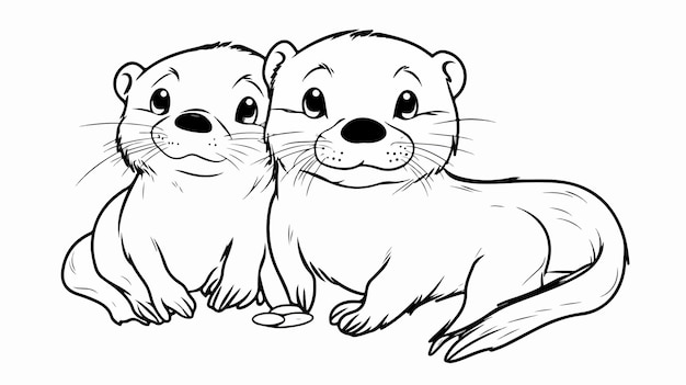 Adorable Kawaii Otter and Baby Cartoon Character Coloring Page