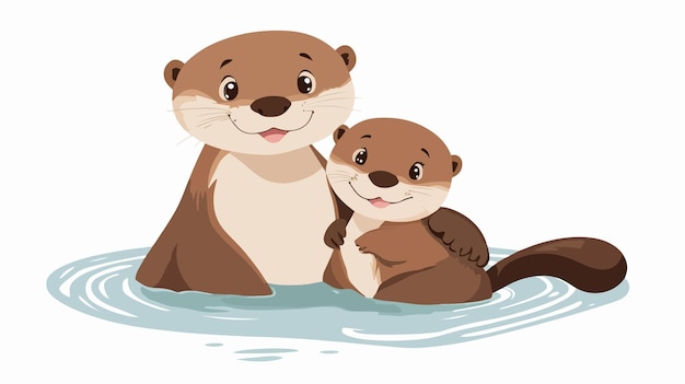 Vector adorable kawaii otter and baby cartoon character vector illustration