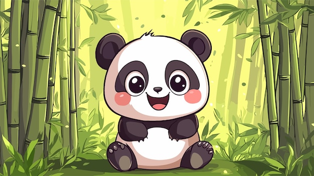 Vector adorable kawaii panda cartoon in bamboo forest