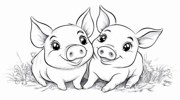 Adorable Kawaii Pig and Baby Cartoon Character Coloring Page