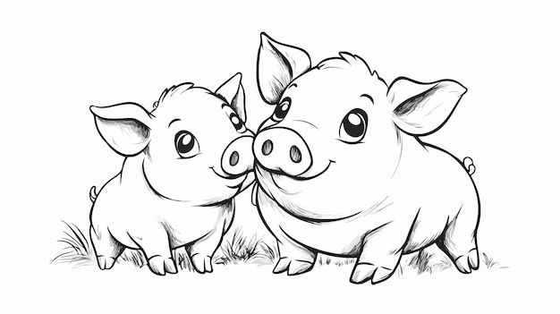 Adorable Kawaii Pig and Baby Cartoon Character Coloring Page