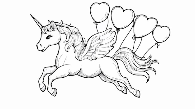 Adorable Kawaii Unicorn Soaring with Heart Balloons in the Sky