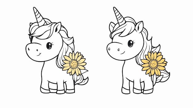 Adorable Kawaii Unicorn and Sunflower Coloring Page for Creative Projects