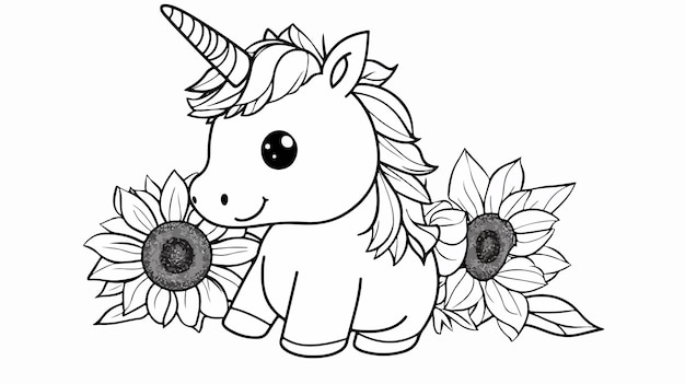 Adorable Kawaii Unicorn and Sunflower Coloring Page for Creative Projects