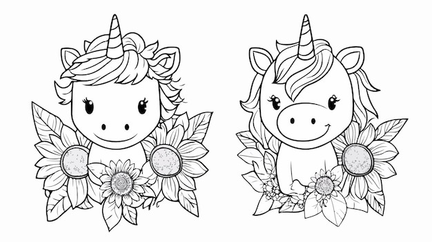 Adorable Kawaii Unicorn and Sunflower Coloring Page for Creative Projects