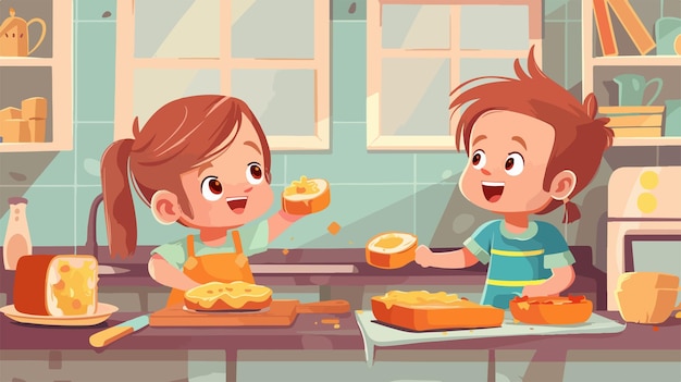 Vector adorable kids enjoying delicious toasts in kitchen