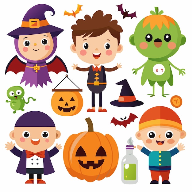 Adorable kids in Halloween costumes with pumpkins bats and potions