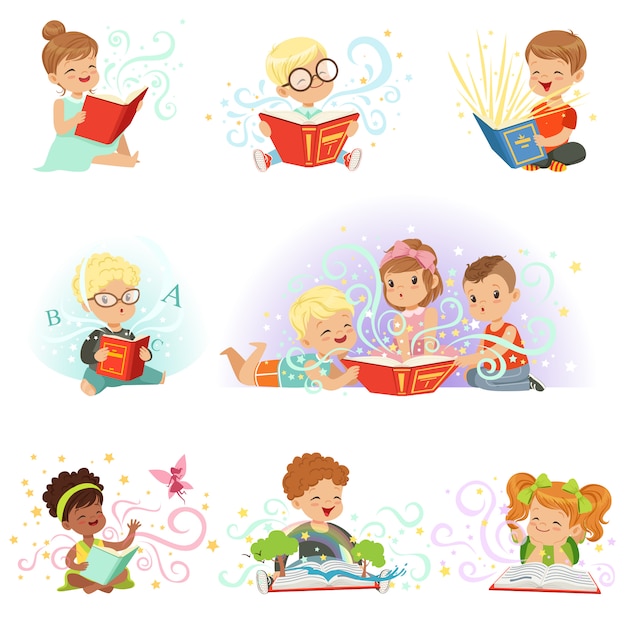 Adorable kids set. Smiling little boys and girls  illustrations  on a light blue background