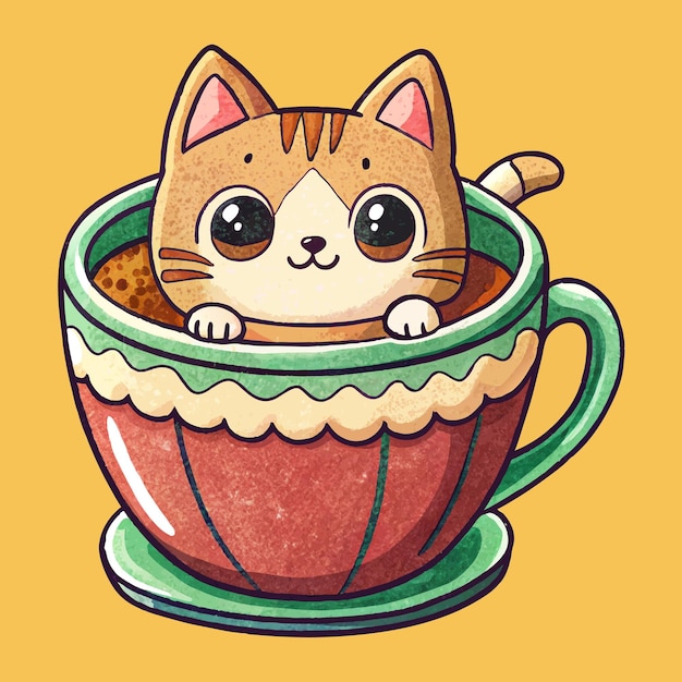 Adorable Kitten in a Comforting Coffee Mug Cartoon Vector