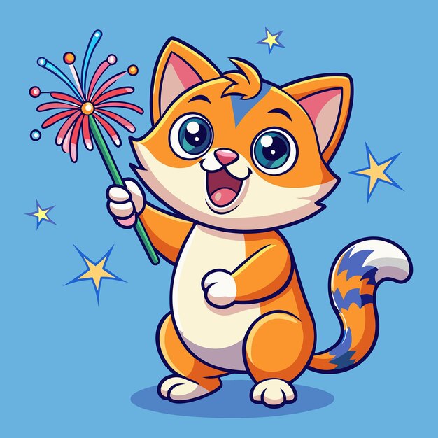 Vector adorable kitten frolicking with sparkling fireworks in animated illustration