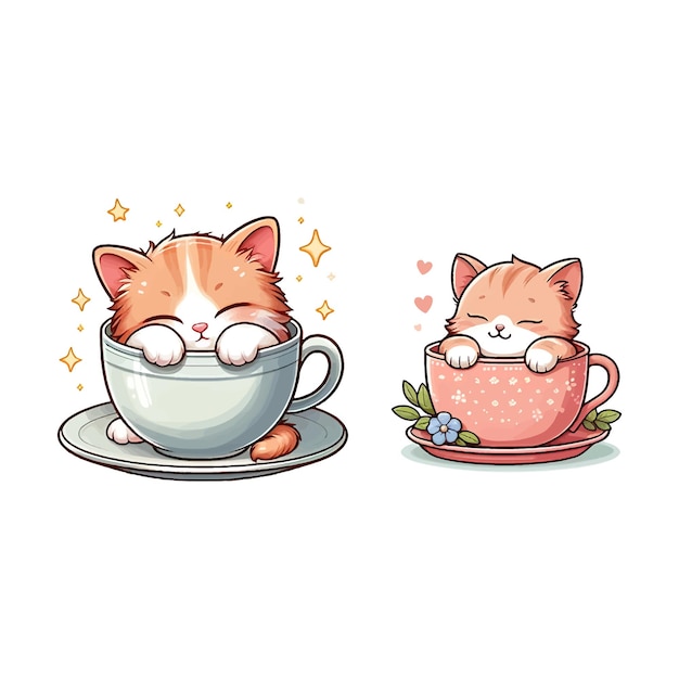 Vector adorable kittens in teacups cute cartoon animal illustration