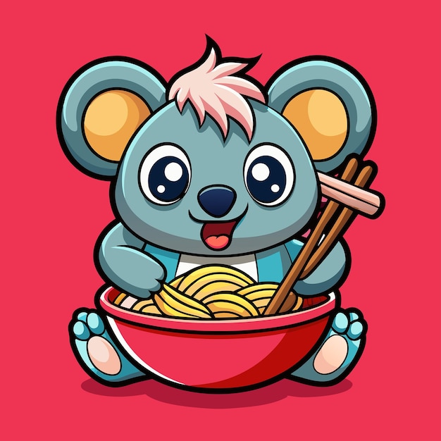 Adorable Koala Munching Delicious Ramen with Chopsticks in Cute Cartoon Scene