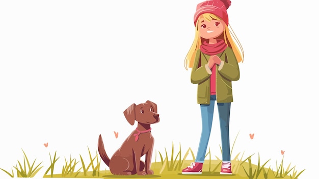 Vector adorable little blonde girl playing with her cute pet dog outdoors in the park