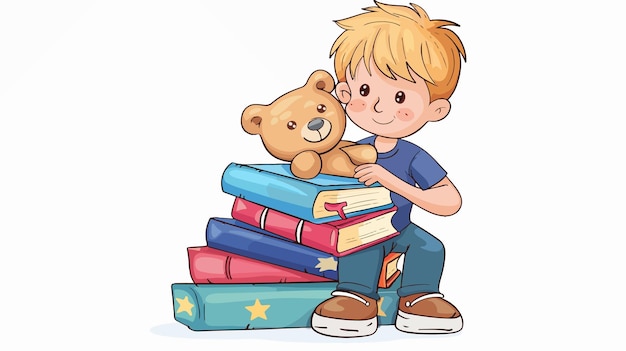 Adorable Little Boy with Toy Bear on Pile of Books