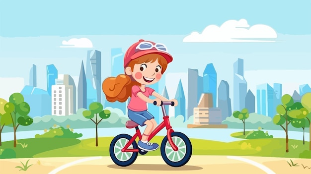 Vector adorable little girl character riding a bicycle or balancing on it