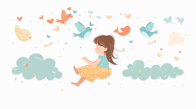 Adorable Little Girl Flying Above Flat Icons Vector