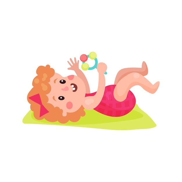 Vector adorable little girl lying on her back playing with baby rattle cartoon vector illustration on a white background