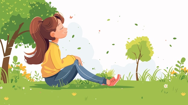 Vector adorable little girl sitting on grass in park