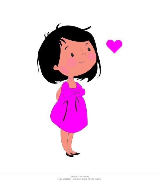 Adorable Little Girl Standing and Lost in Thought Vector Illustration of a Cute Little Girl Standing and Thinking Girl with heart