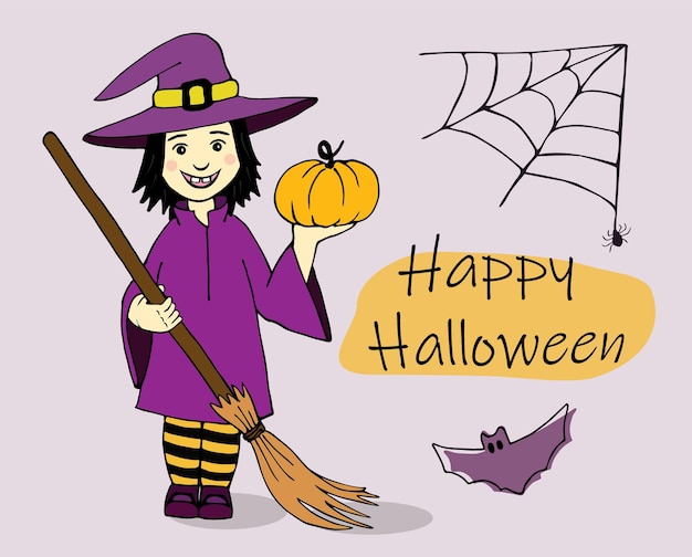 Adorable little witch, happy Halloween banner. A drawn witch girl with a pumpkin in her hand