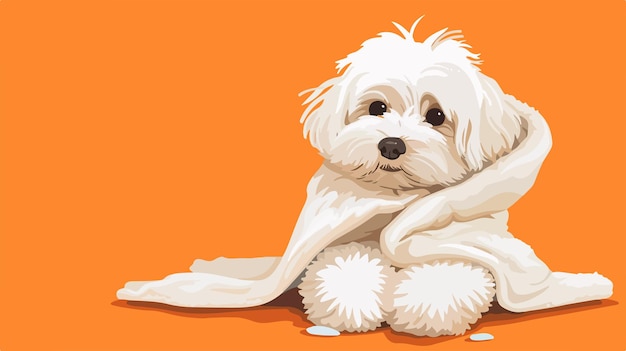 Vector adorable maltipoo dog with towel and foam on vibrant orange background