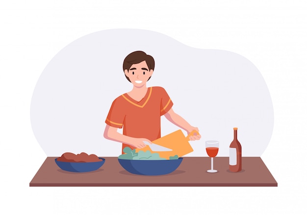 Adorable man cooking on kitchen table. Cartoon male character making salad for lunch or dinner. Culinary hobby illustration concept. Front view interior scene in flat style