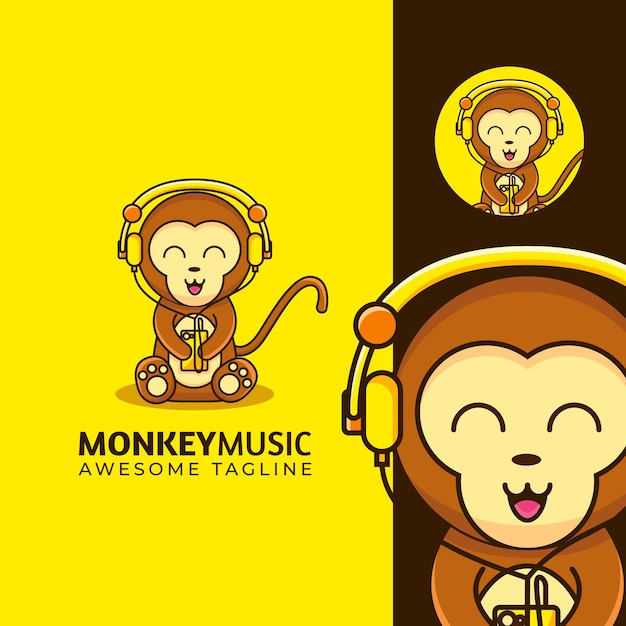 Adorable mascot cartoon baby monkey wearing headphone music