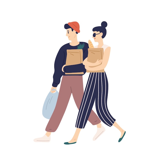 Adorable modern young couple carrying bags with purchases