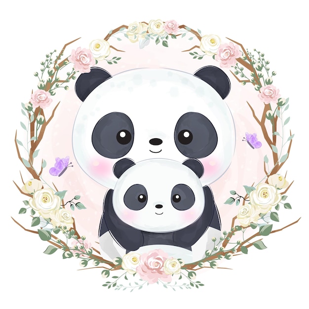 Adorable mommy and baby panda in watercolor illustration