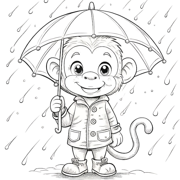 Adorable Monkey with Umbrella Coloring Page for Kids and Crafts