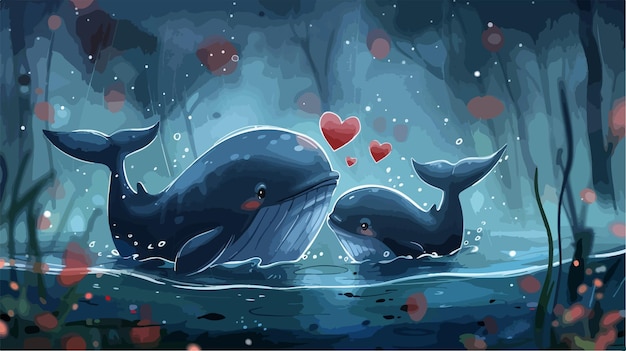 Vector adorable mother and son whales with hearts characters loving family illustration