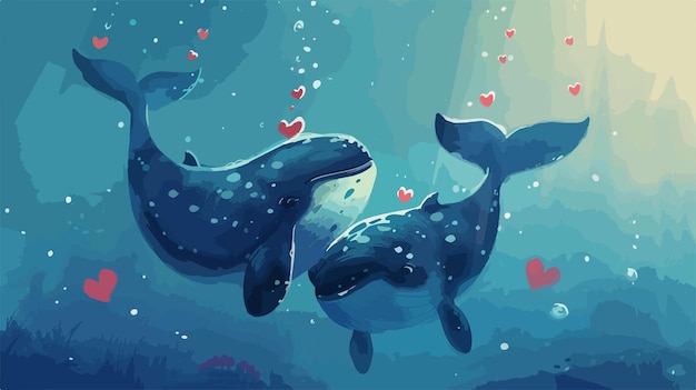 Vector adorable mother and son whales with hearts characters loving family illustration