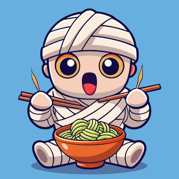 Adorable Mummy Relishes Ramen in a Shopping Cart with Chopsticks