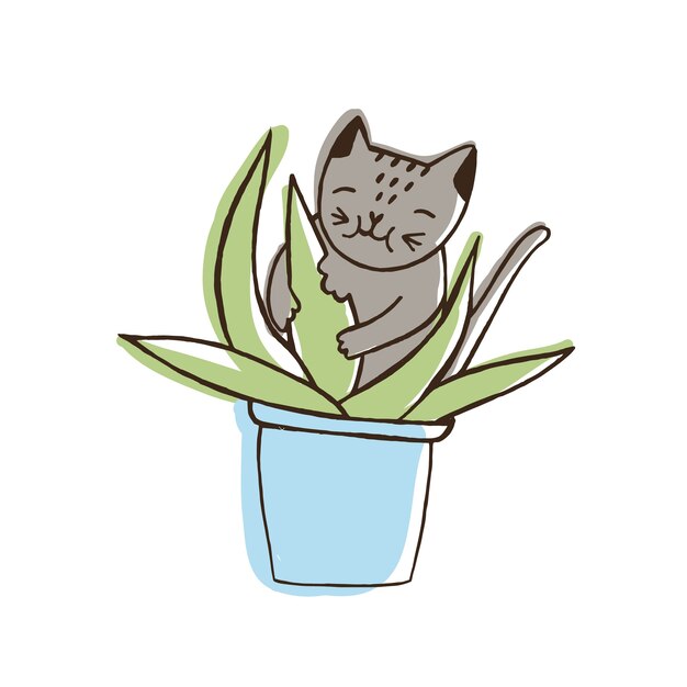 Adorable nasty cat eating houseplants. Naughty kitten gnawing plant growing in pot