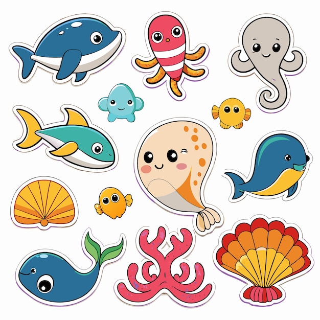 Vector adorable ocean creatures stickers whales fish octopus seashells and more