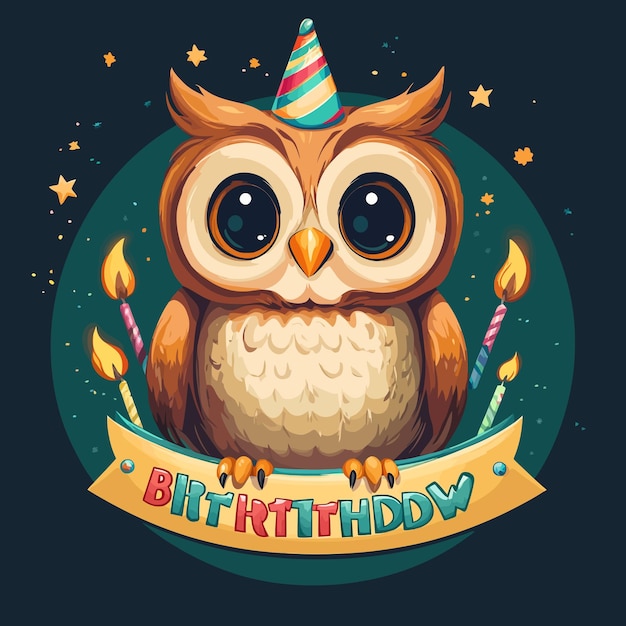 Vector adorable owl celebrating with birthday banner cartoon vector art vector illustration